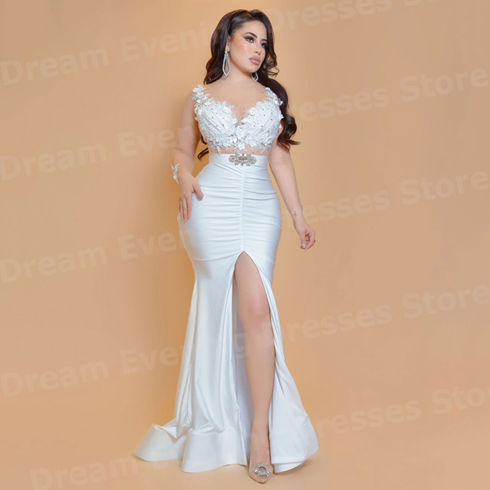 ชุดราตรีสีขาวทรงเมอร์เมดสำหรับ - Elegant Satin Evening Gown Split บทวิจารณ์และราคา