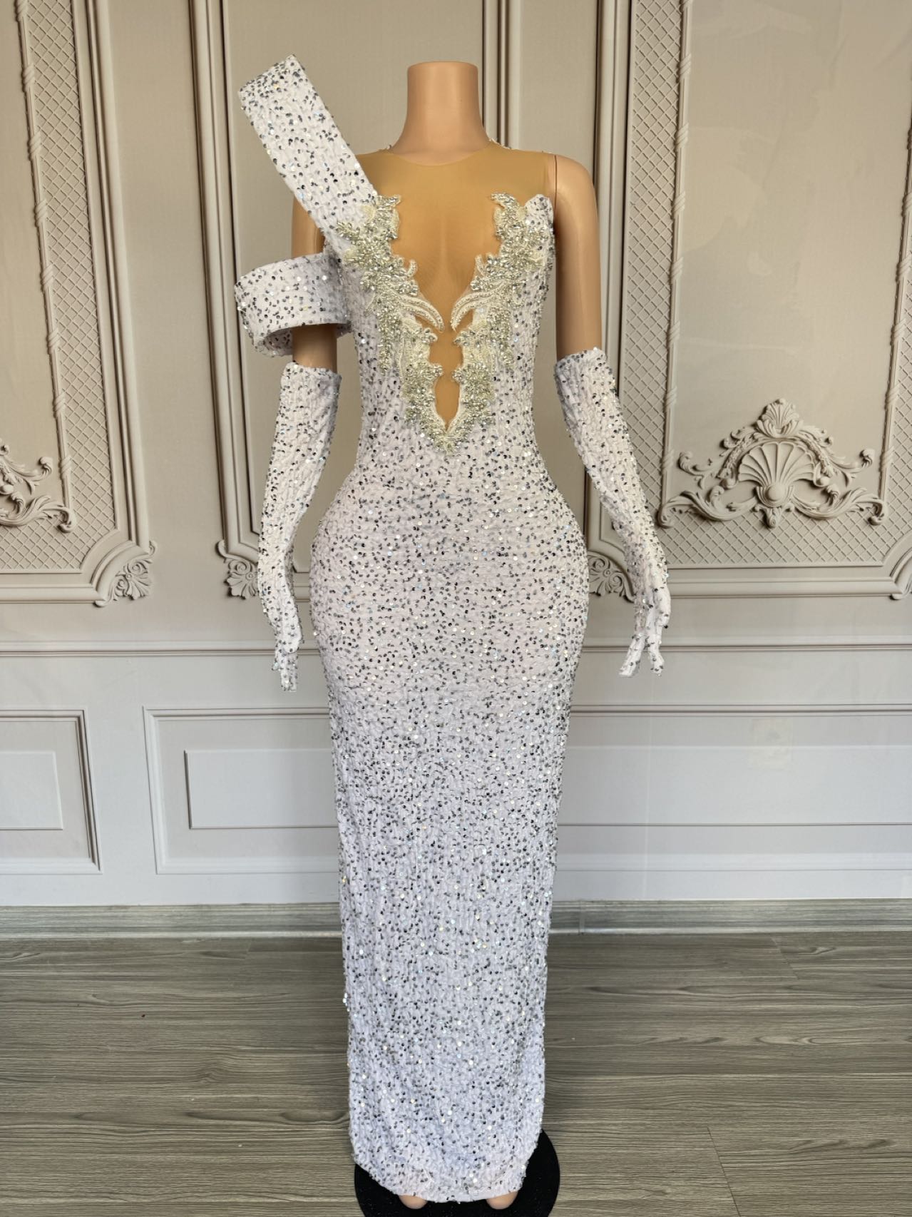 เดรสยาวคอวีลึกประดับเพชรระยิบร - Sparkly Rhinestone Club Party Dress บทวิจารณ์และราคา