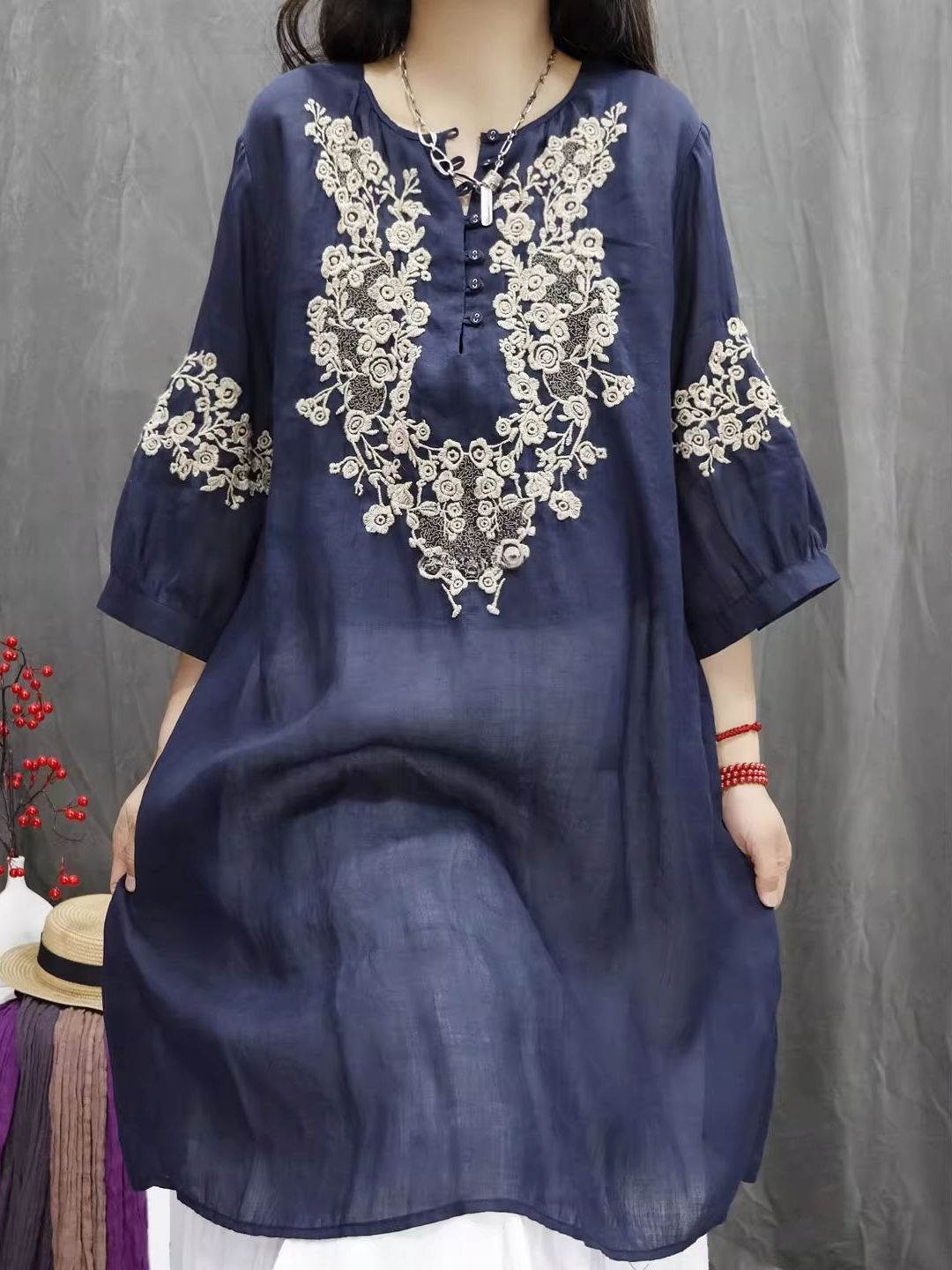 เสื้อเชิ้ตเดรสผ้าฝ้ายลินินปักล - Casual Loose Linen Shirt Dress บทวิจารณ์และราคา