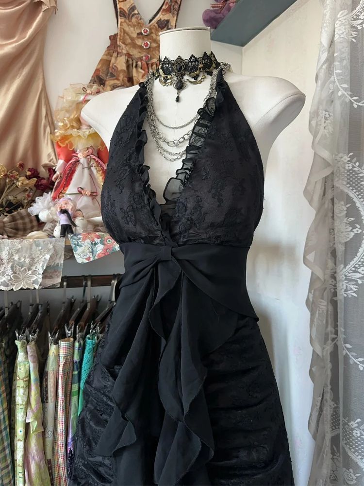 เดรสวินเทจ Y2K แบบผูกคอ ไร้แขน - Y2K Backless Halter Mini Dress บทวิจารณ์และราคา