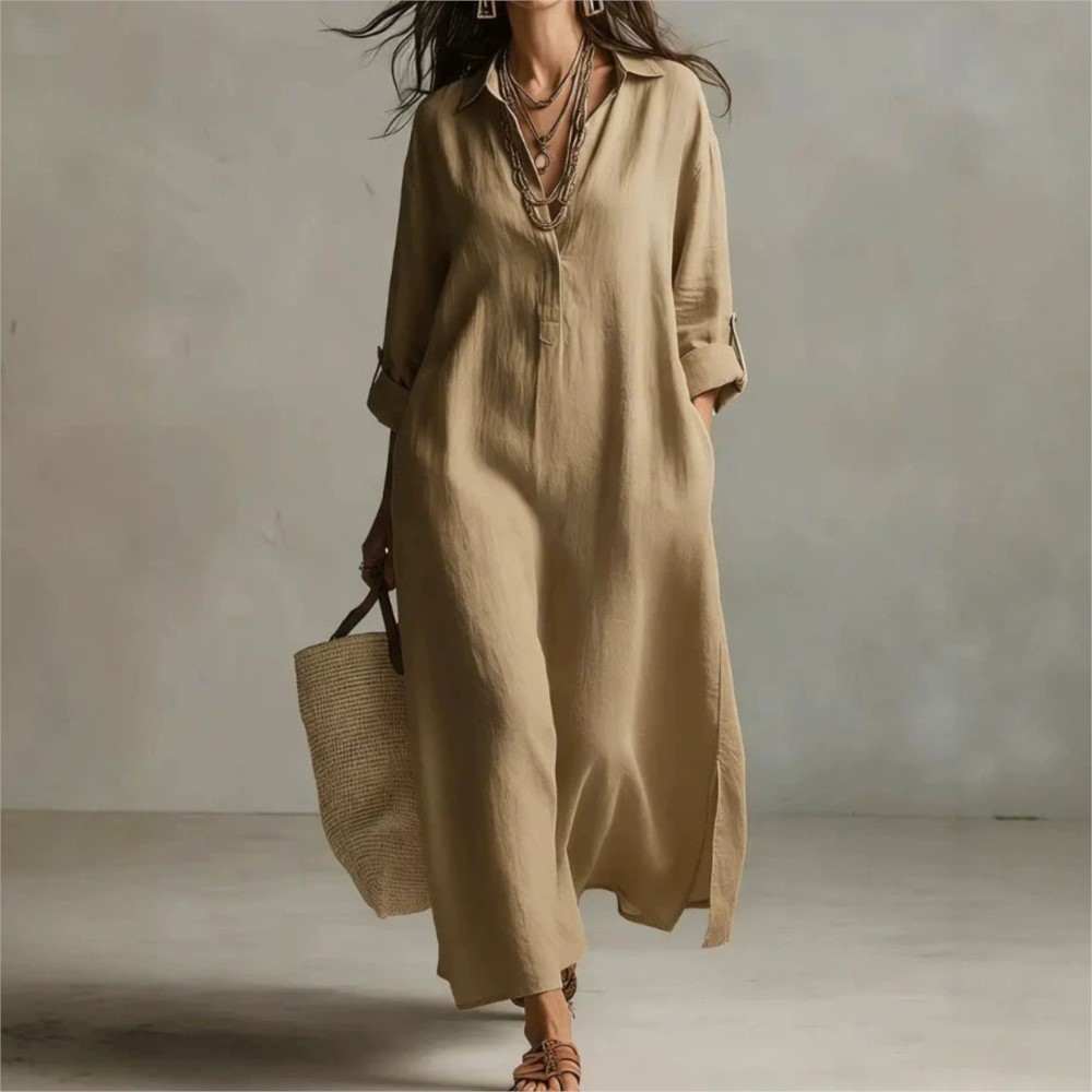 เดรสเชิ้ตผ้าลินินวินเทจสำหรับผ - Casual Loose Linen Shirt Dress บทวิจารณ์และราคา