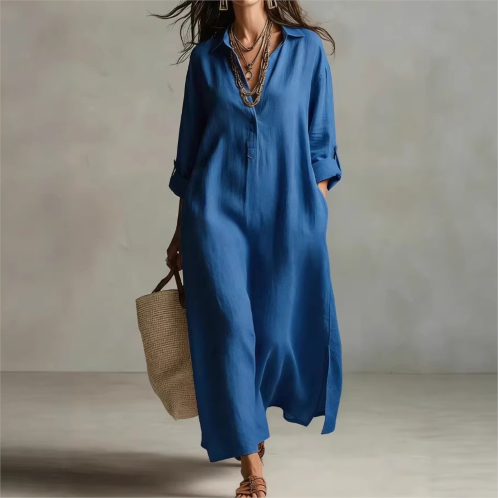 เดรสเชิ้ตผ้าลินินวินเทจสำหรับผ - Casual Loose Linen Shirt Dress บทวิจารณ์และราคา