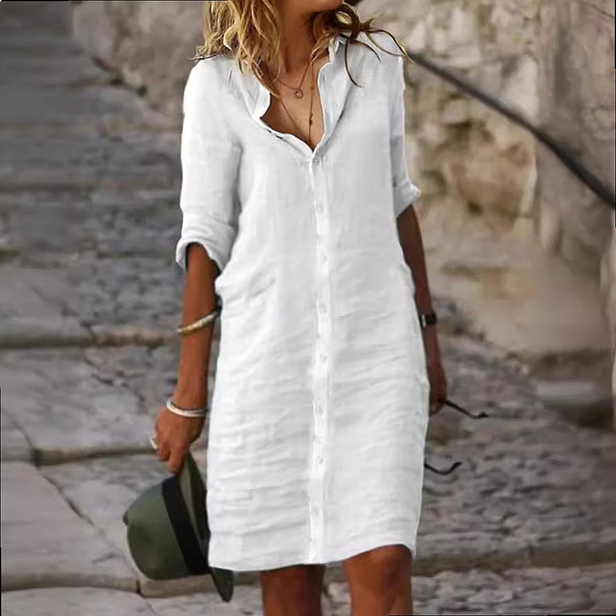 เดรสเชิ้ตทรงหลวมติดกระดุม ความ - Casual Loose Linen Shirt Dress บทวิจารณ์และราคา