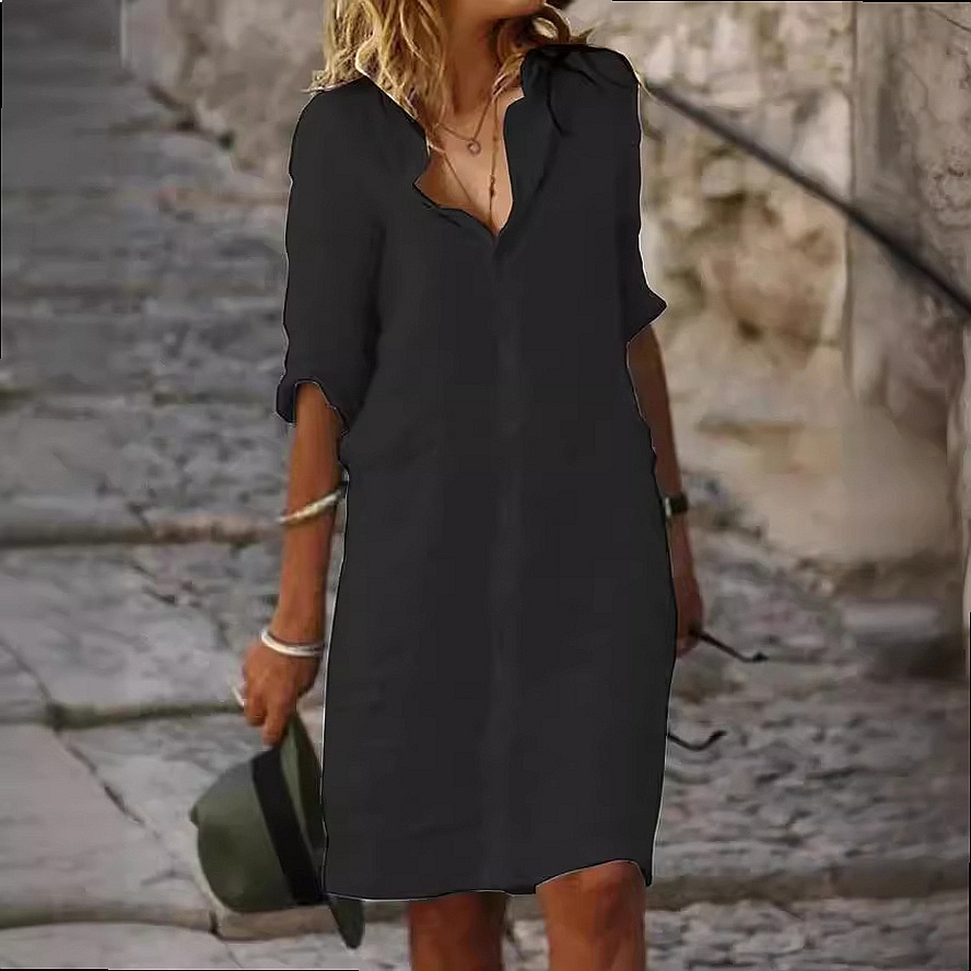 เดรสเชิ้ตทรงหลวมติดกระดุม ความ - Casual Loose Linen Shirt Dress บทวิจารณ์และราคา