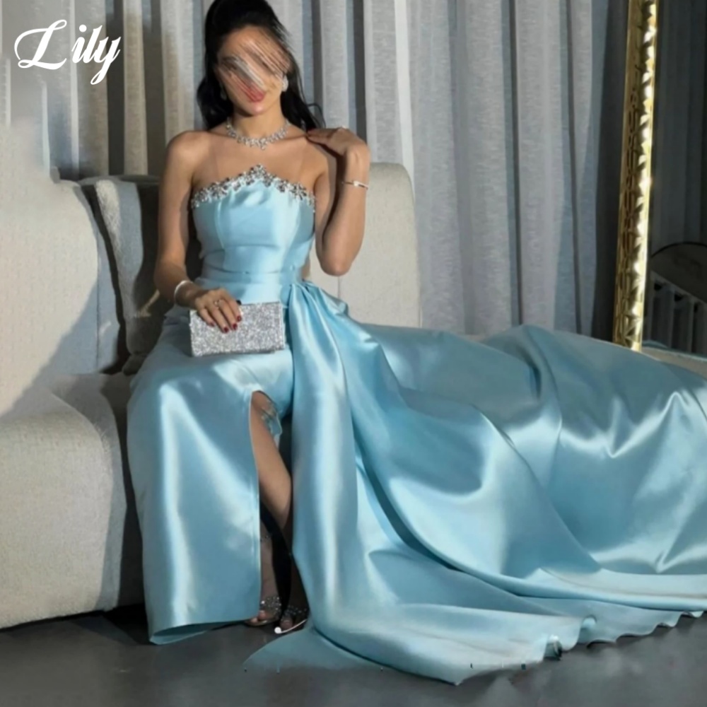 Lily Blue Elegant ชุดอย่างเป็น - Elegant Satin Evening Gown Split บทวิจารณ์และราคา