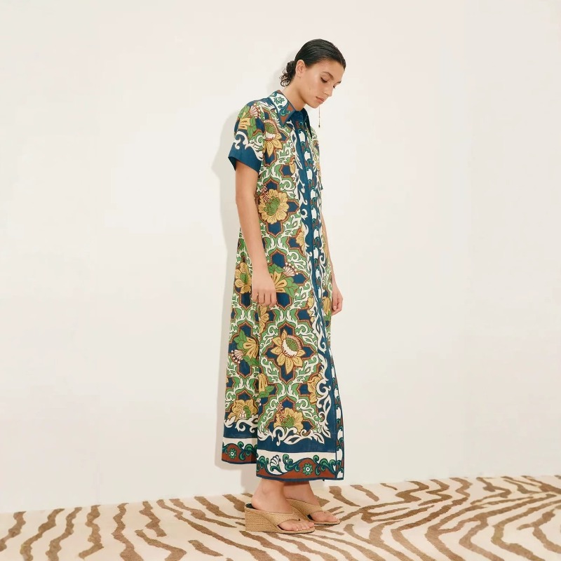 ชุดเดรสเชิ้ตยาวลายดอกไม้ผ้าลิน - Casual Loose Linen Shirt Dress บทวิจารณ์และราคา