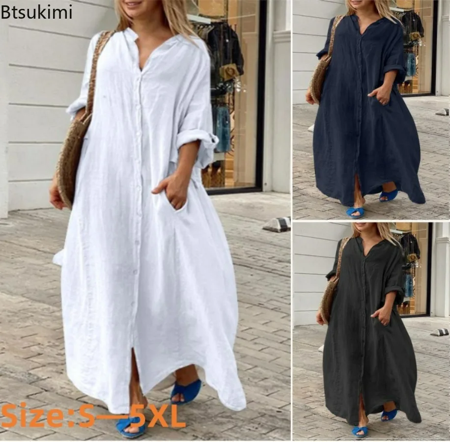 เดรสผ้าฝ้ายลินินลำลองสำหรับผู้ - Casual Loose Linen Shirt Dress บทวิจารณ์และราคา