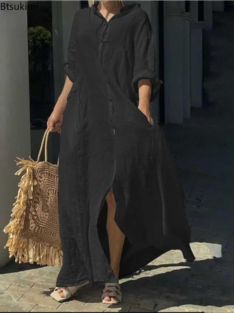 เดรสผ้าฝ้ายลินินลำลองสำหรับผู้ - Casual Loose Linen Shirt Dress บทวิจารณ์และราคา