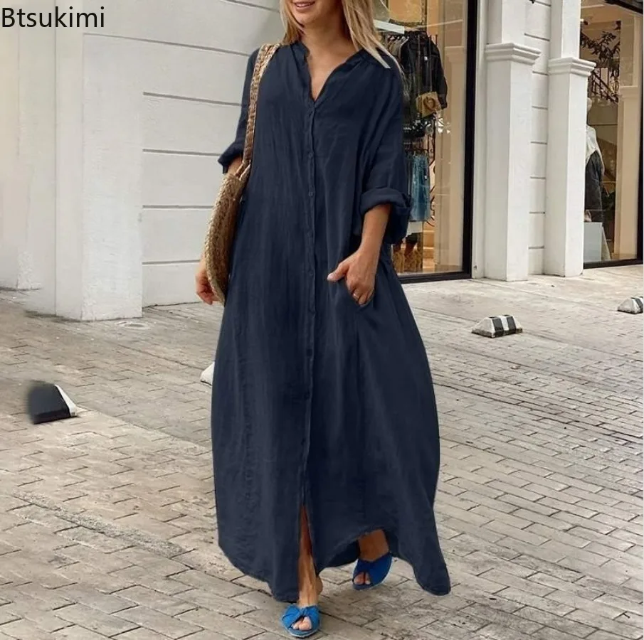 เดรสผ้าฝ้ายลินินลำลองสำหรับผู้ - Casual Loose Linen Shirt Dress บทวิจารณ์และราคา