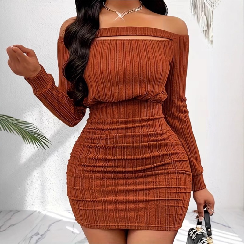 ชุดเดรสแฟชั่นผู้หญิง ฤดูใบไม้ผ - Bodycon Long Sleeve Ribbed Dress บทวิจารณ์และราคา