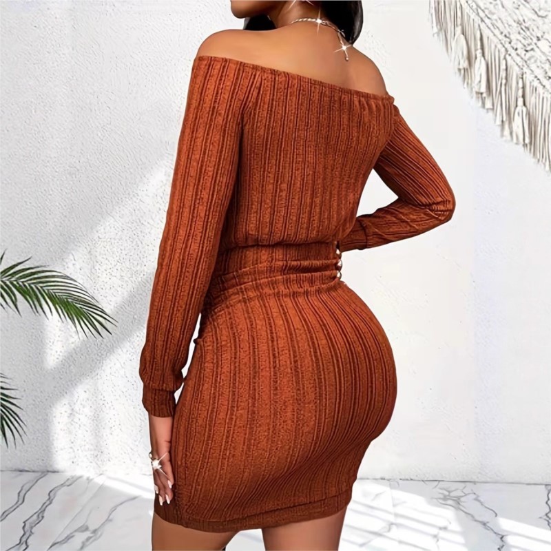ชุดเดรสแฟชั่นผู้หญิง ฤดูใบไม้ผ - Bodycon Long Sleeve Ribbed Dress บทวิจารณ์และราคา