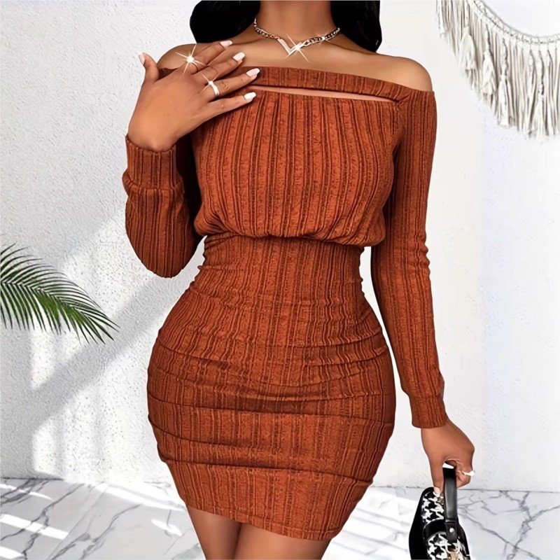 ชุดเดรสแฟชั่นผู้หญิง ฤดูใบไม้ผ - Bodycon Long Sleeve Ribbed Dress บทวิจารณ์และราคา