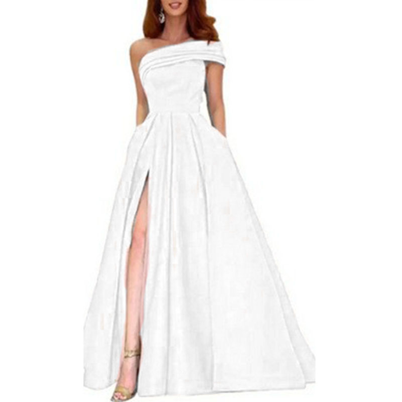 ชุดราตรีผ้าซาตินแบบเปิดไหล่ ดี - Elegant Satin Evening Gown Split บทวิจารณ์และราคา