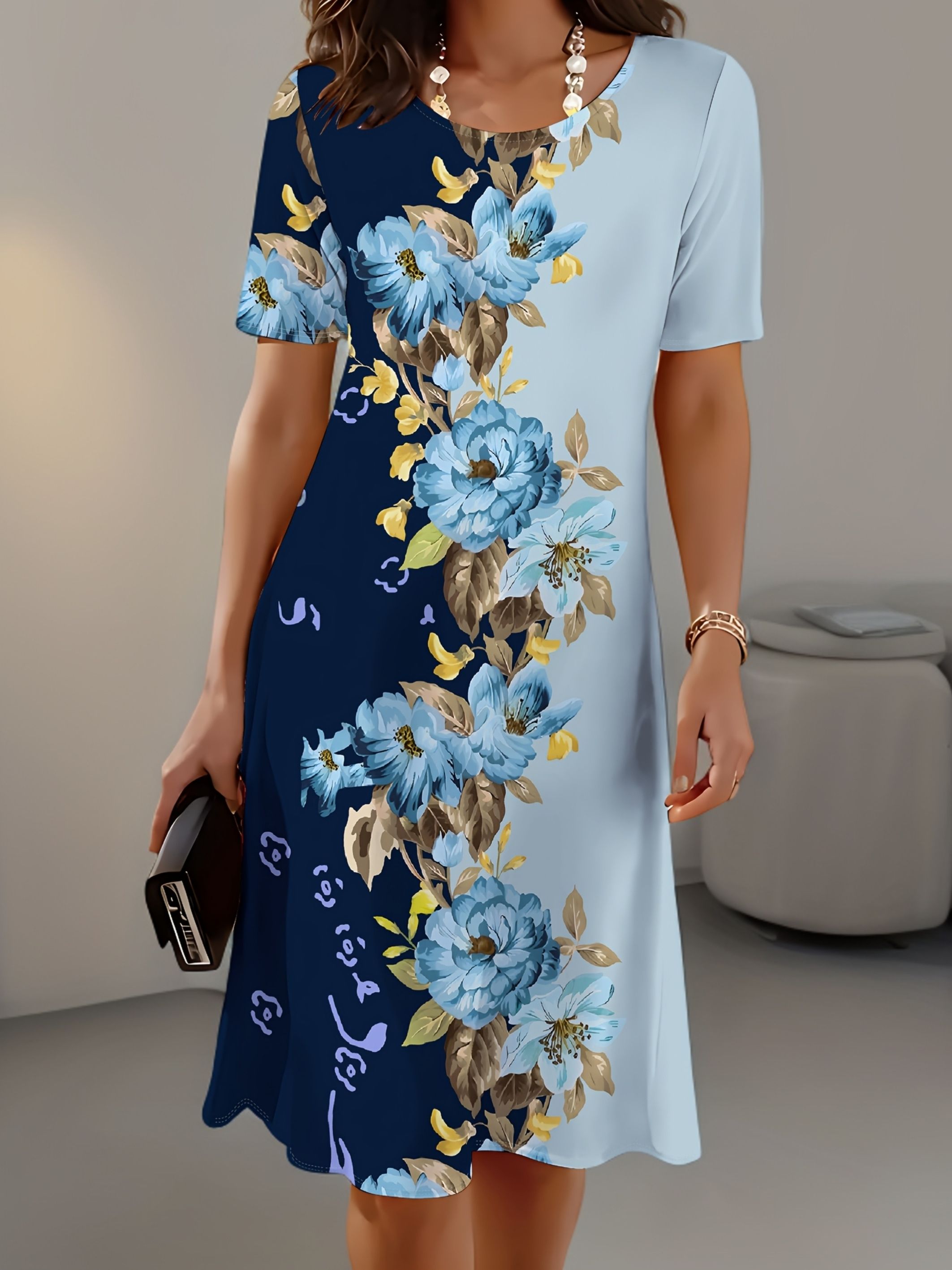 เดรสผู้หญิงทรงหลวมพิมพ์ลายดอกไ - French Vintage Floral Midi Dress บทวิจารณ์และราคา