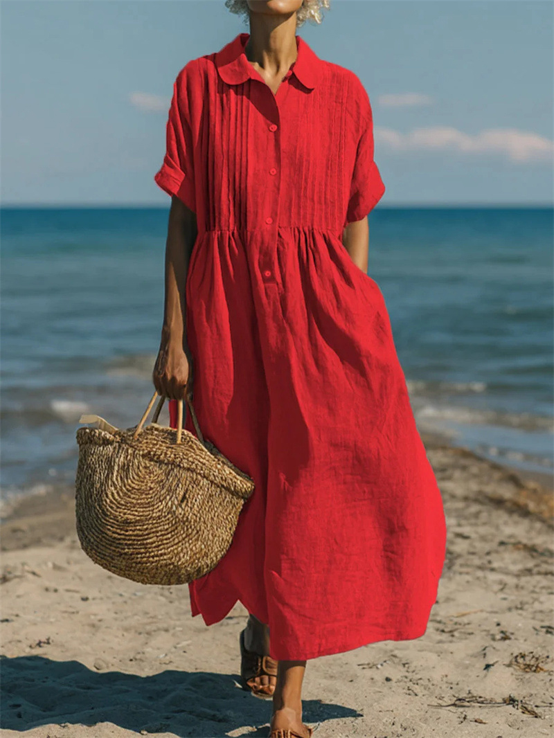 เดรสเชิ้ตผ้าลินินสไตล์ลำลองสำห - Casual Loose Linen Shirt Dress บทวิจารณ์และราคา