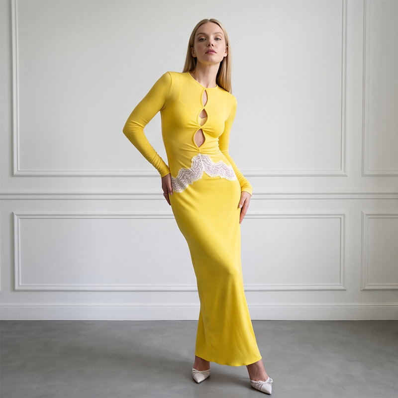 ชุดเดรสยาวแขนยาวสีเหลืองลูกไม้ - Bodycon Long Sleeve Ribbed Dress บทวิจารณ์และราคา