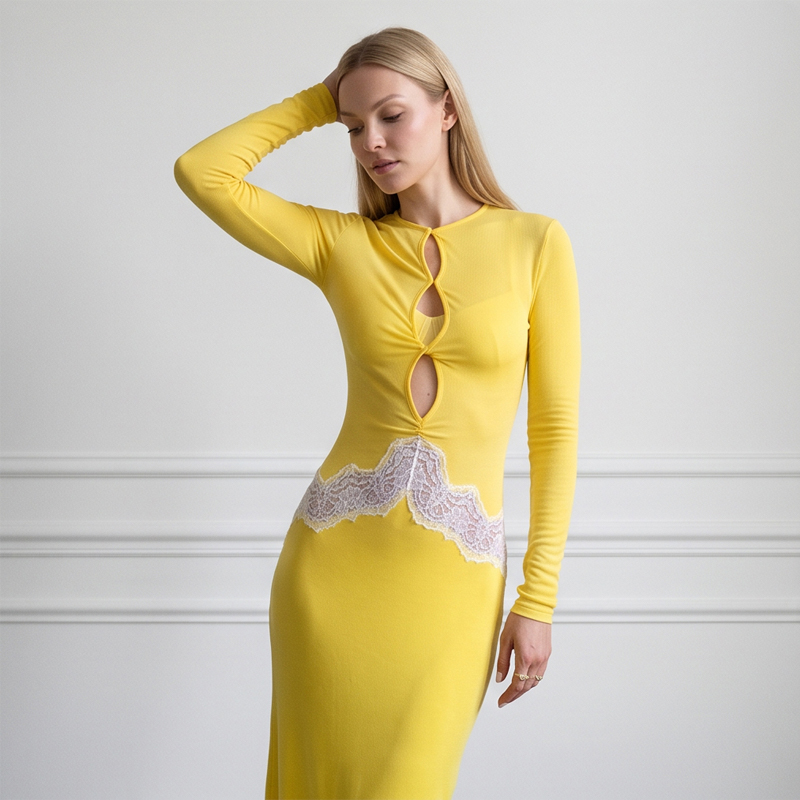 ชุดเดรสยาวแขนยาวสีเหลืองลูกไม้ - Bodycon Long Sleeve Ribbed Dress บทวิจารณ์และราคา