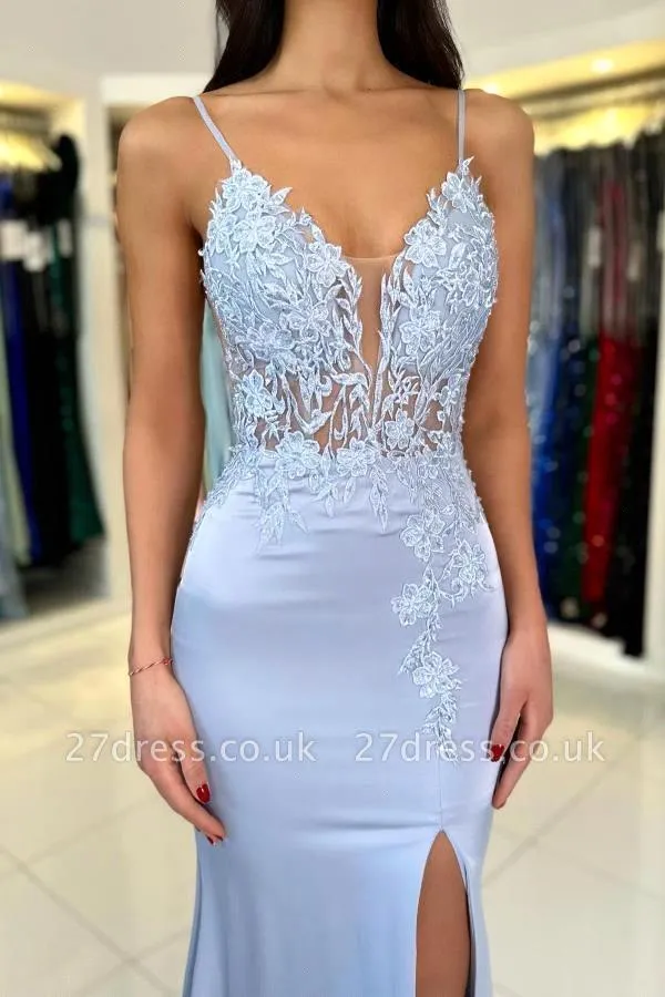 ชุดราตรีสีฟ้าอ่อนสไตล์เมอร์เมด - Elegant Satin Evening Gown Split บทวิจารณ์และราคา