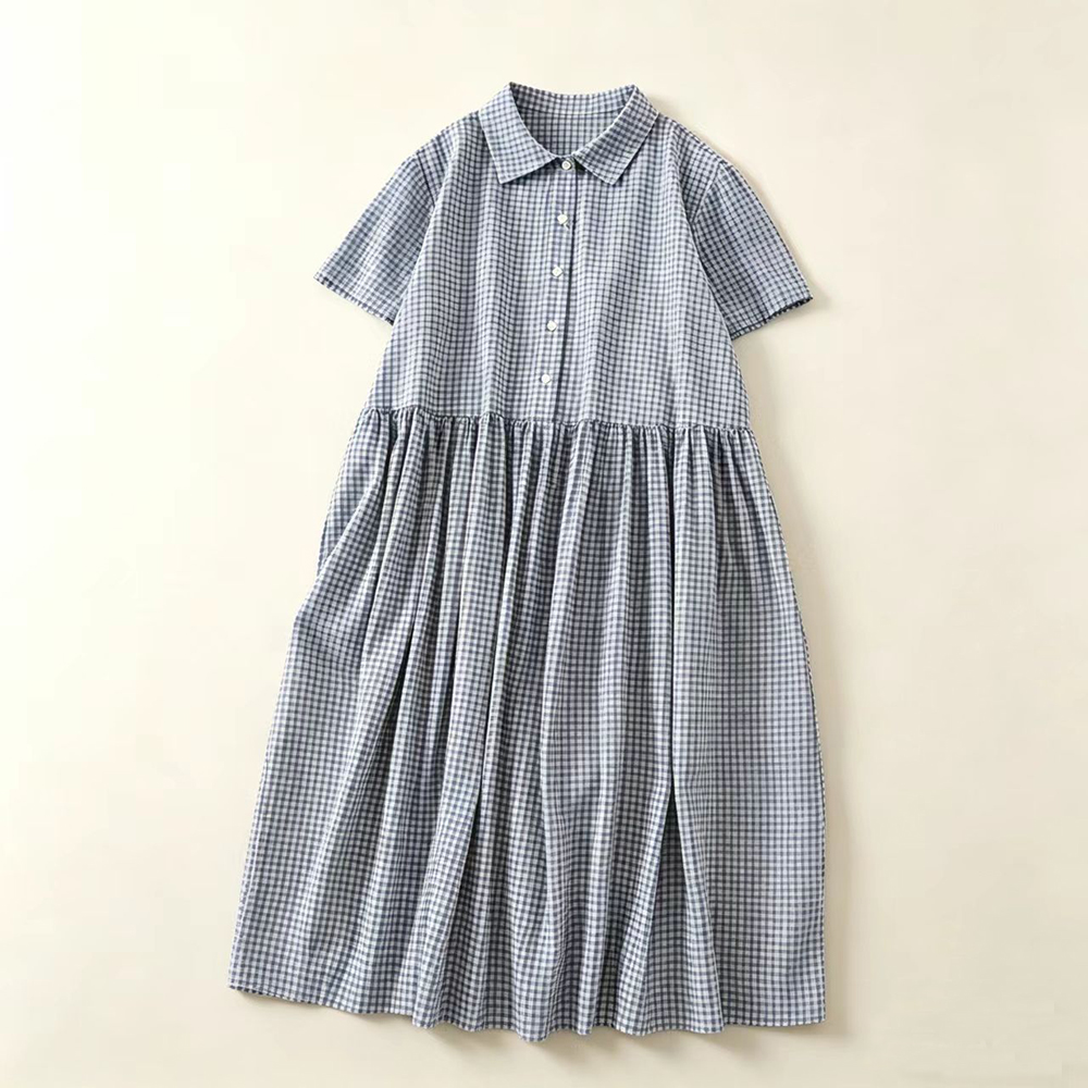 เดรสลายสก๊อตสีน้ำเงิน คอปก แขน - Casual Loose Linen Shirt Dress บทวิจารณ์และราคา