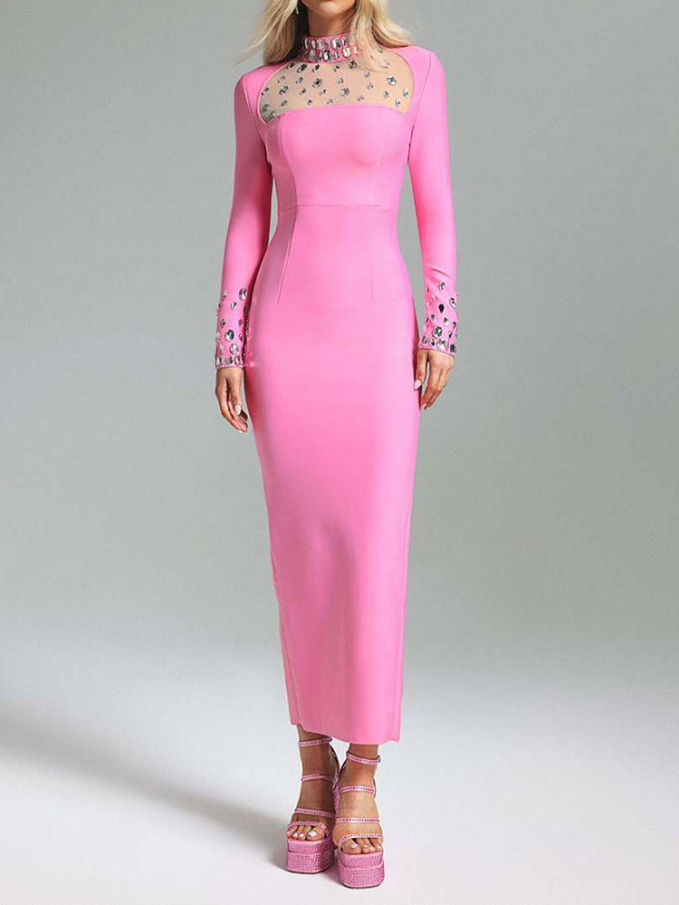 ชุดเดรสยาวสีชมพูประดับคริสตัลว - Sparkly Rhinestone Club Party Dress บทวิจารณ์และราคา