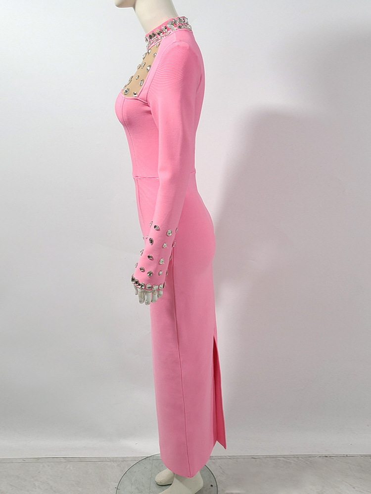 ชุดเดรสยาวสีชมพูประดับคริสตัลว - Sparkly Rhinestone Club Party Dress บทวิจารณ์และราคา