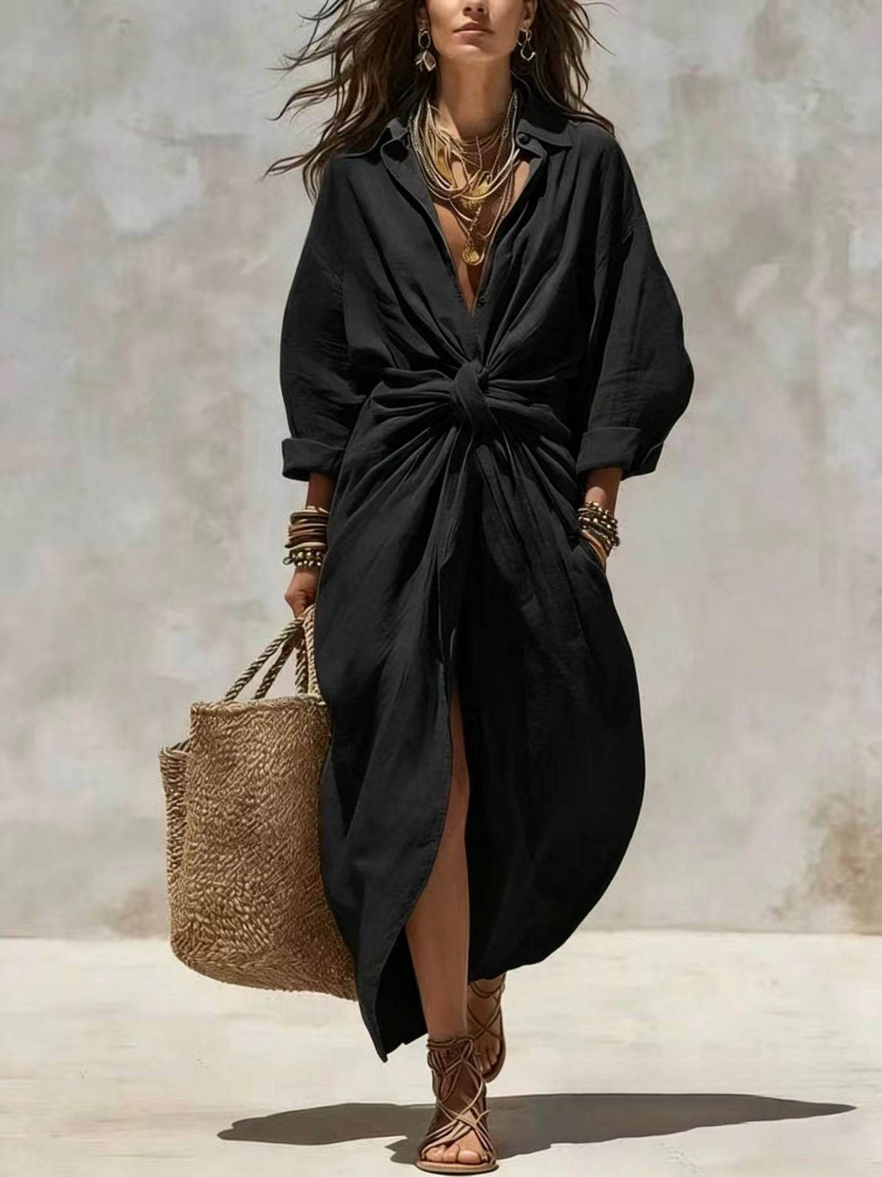 เดรสผ้าลินินสีขาวสไตล์โบฮีเมีย - Casual Loose Linen Shirt Dress บทวิจารณ์และราคา