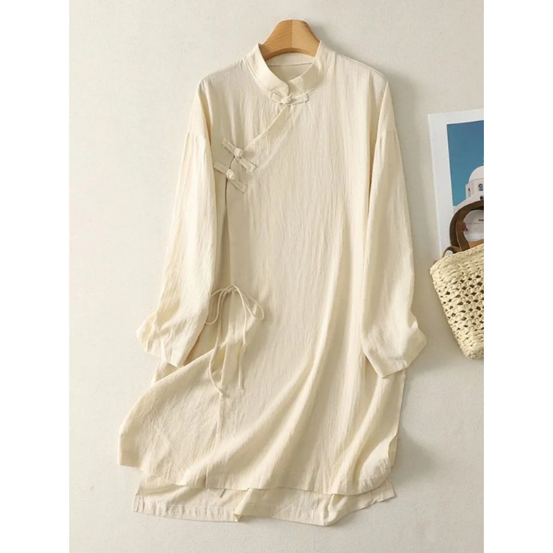 ชุดเดรสผ้าลินินสไตล์จีนสำหรับผ - Casual Loose Linen Shirt Dress บทวิจารณ์และราคา