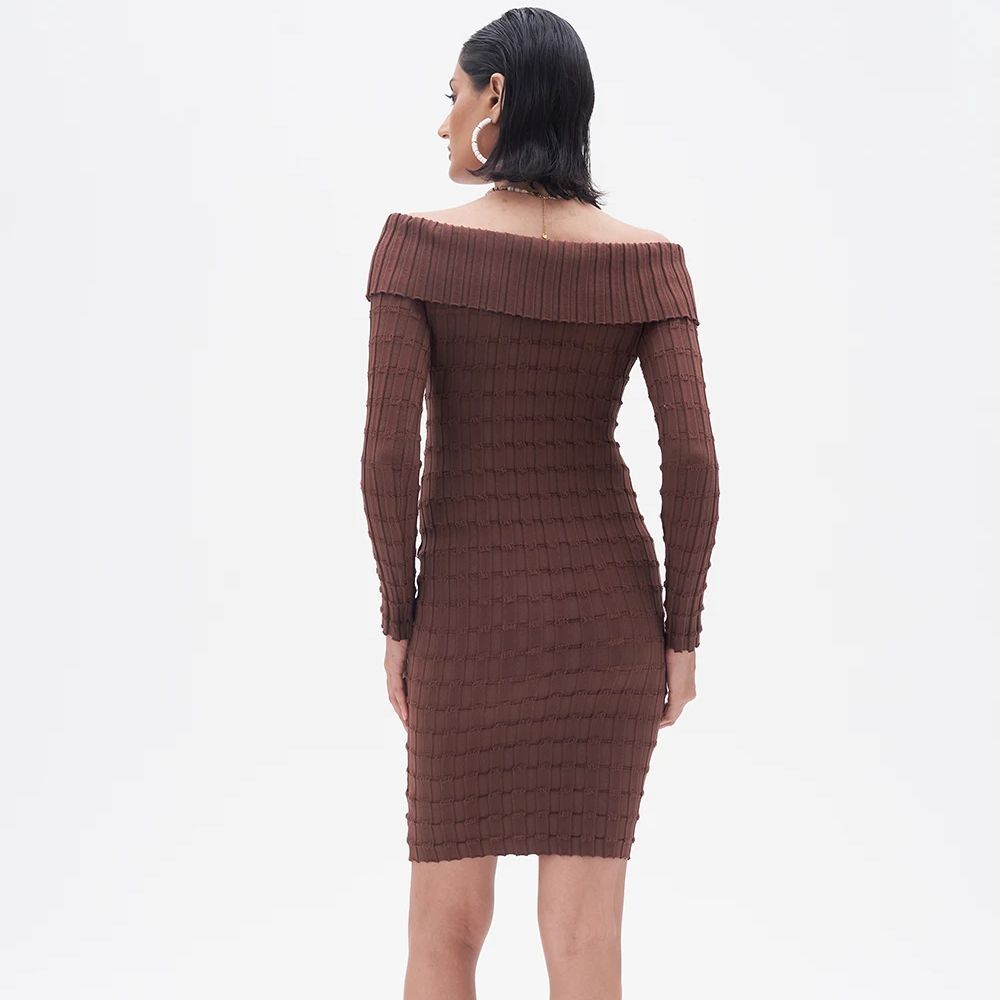 2025 เซ็กซี่ Ruched Slash ไหล่ - Bodycon Long Sleeve Ribbed Dress บทวิจารณ์และราคา