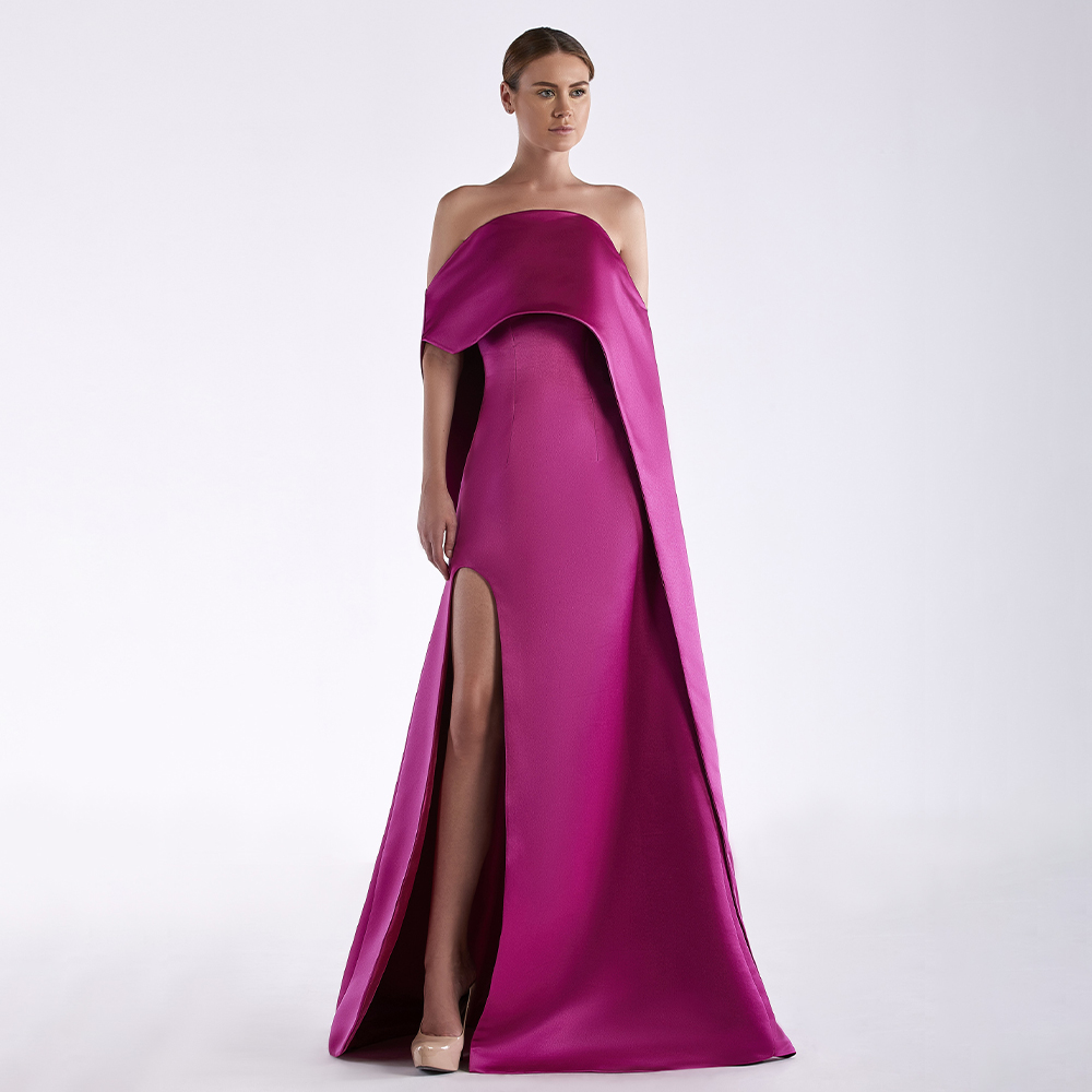 ชุดราตรีผ้าซาตินสีบานเย็นไร้สา - Elegant Satin Evening Gown Split บทวิจารณ์และราคา