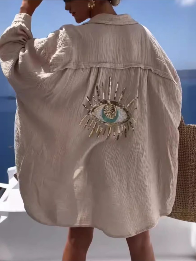 ชุดเดรสลำลองประดับเลื่อมลายตาแ - Casual Loose Linen Shirt Dress บทวิจารณ์และราคา