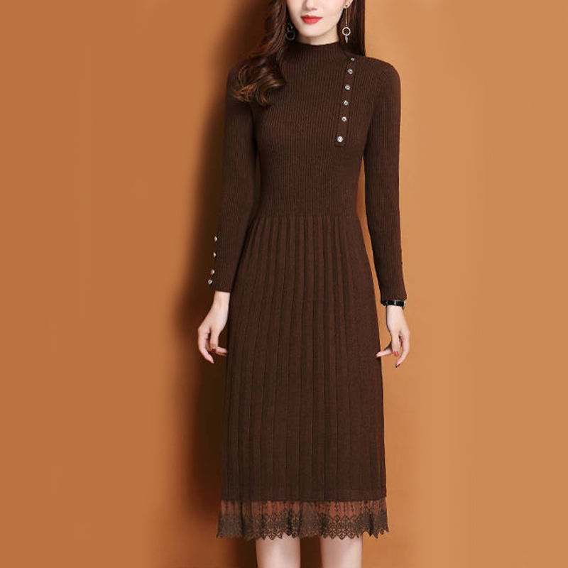 ลูกไม้ Hem ปุ่มผู้หญิงฤดูใบไม้ - Bodycon Long Sleeve Ribbed Dress บทวิจารณ์และราคา