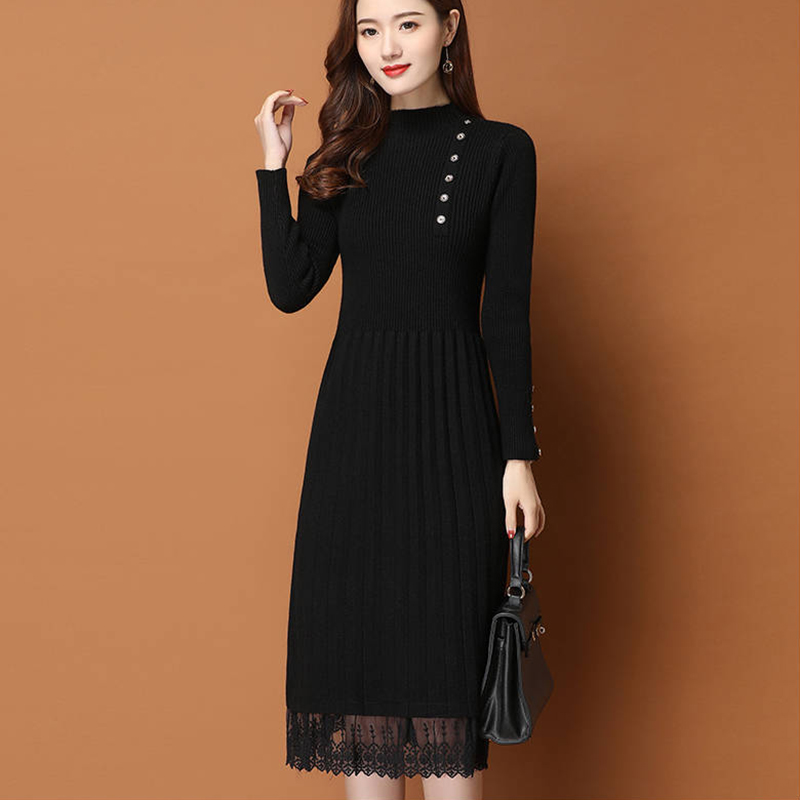 ลูกไม้ Hem ปุ่มผู้หญิงฤดูใบไม้ - Bodycon Long Sleeve Ribbed Dress บทวิจารณ์และราคา