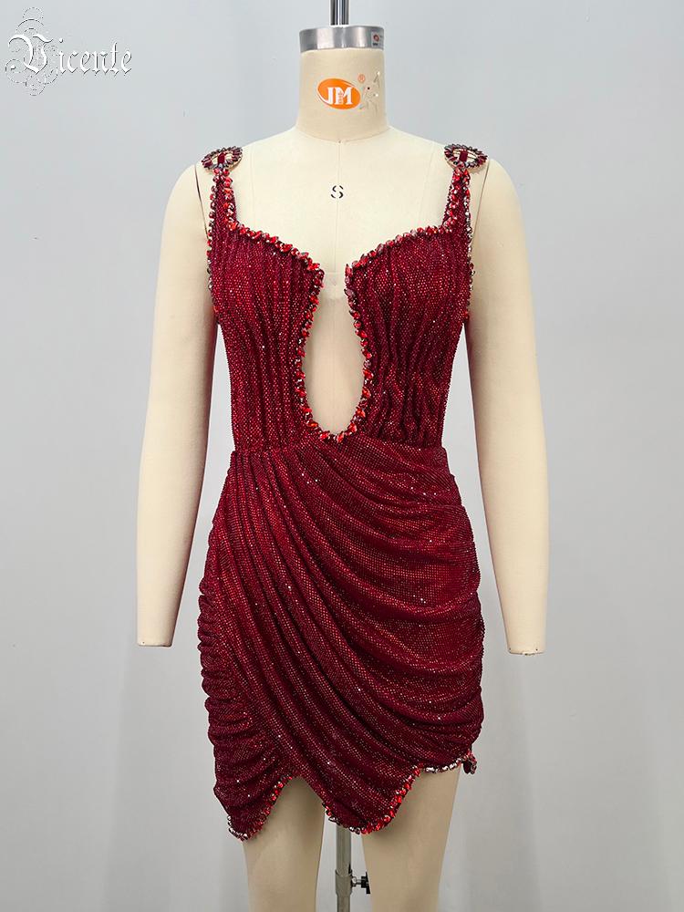 ชุดมินิเดรสสีแดงประดับคริสตัลว - Sparkly Rhinestone Club Party Dress บทวิจารณ์และราคา