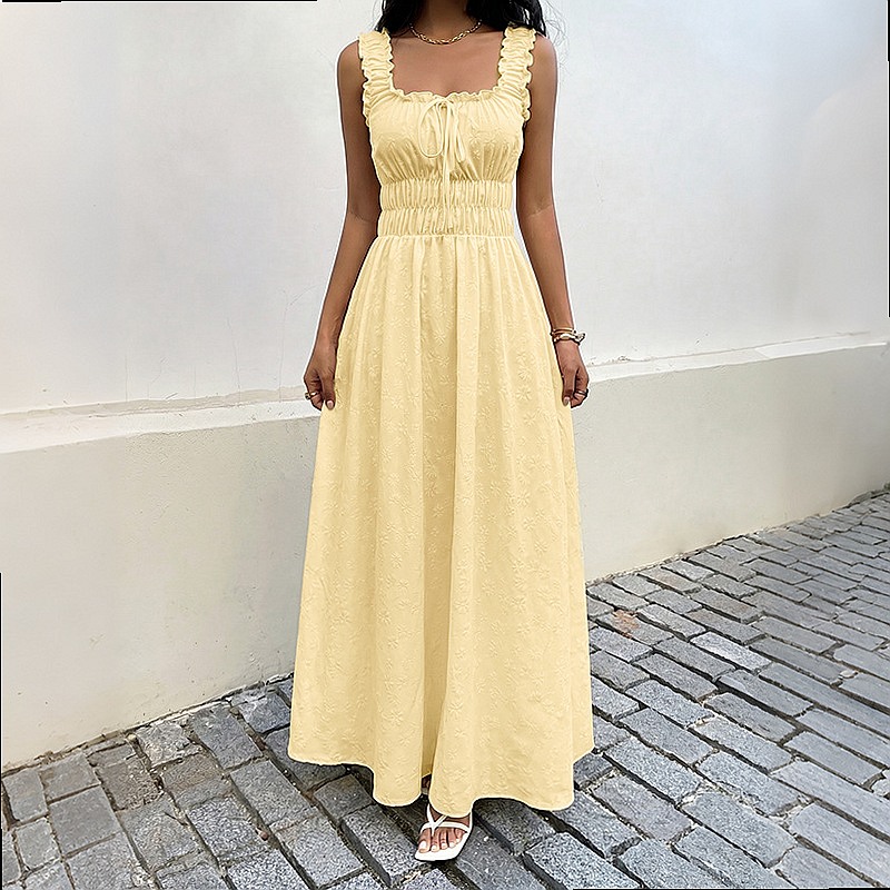 เดรสแขนกุดคอเหลี่ยมสไตล์วินเทจ - Boho Summer Beach Maxi Dress บทวิจารณ์และราคา