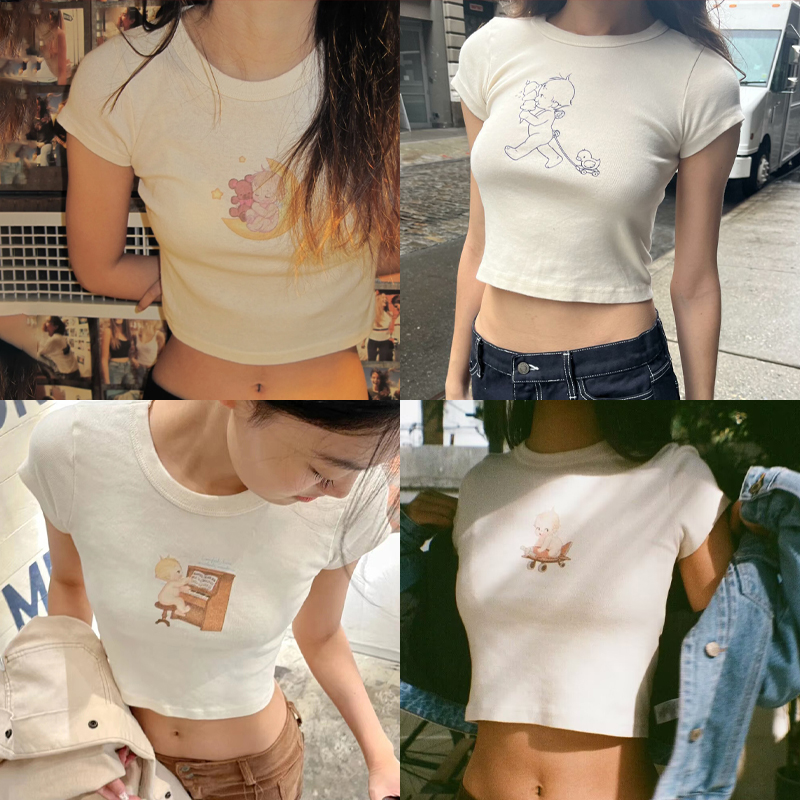 เสื้อยืดลายการ์ตูนสำหรับ Y2k เ - Y2K Graphic Baby Tee Crop บทวิจารณ์และราคา