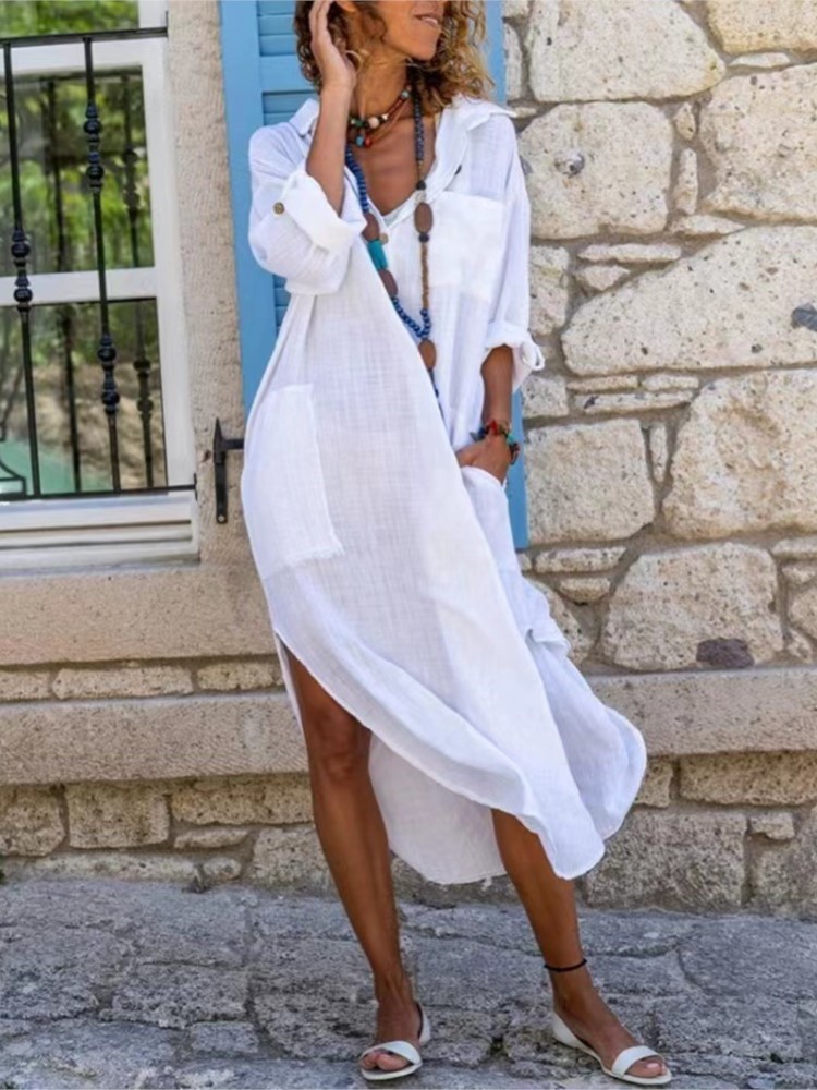ชุดเดรสเชิ้ตผู้หญิงสีขาวสีทึบป - Casual Loose Linen Shirt Dress บทวิจารณ์และราคา