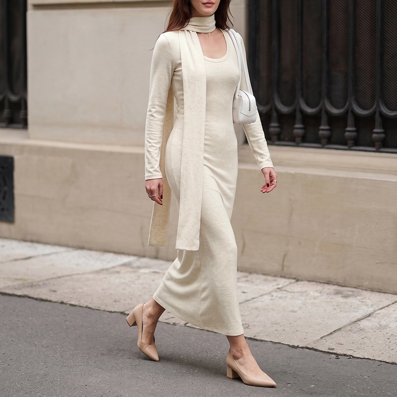 ชุดเดรสยาวผ้าถักลายริบสำหรับผู - Bodycon Long Sleeve Ribbed Dress บทวิจารณ์และราคา