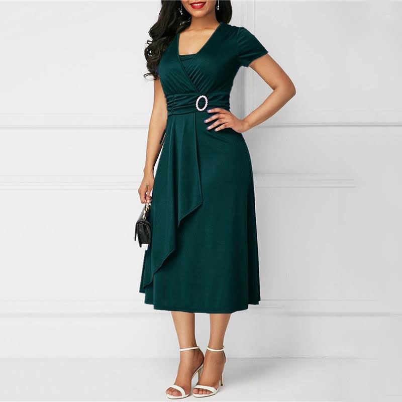 เดรสผู้หญิงสีพื้น แขนสั้น คอวี - French Vintage Floral Midi Dress บทวิจารณ์และราคา