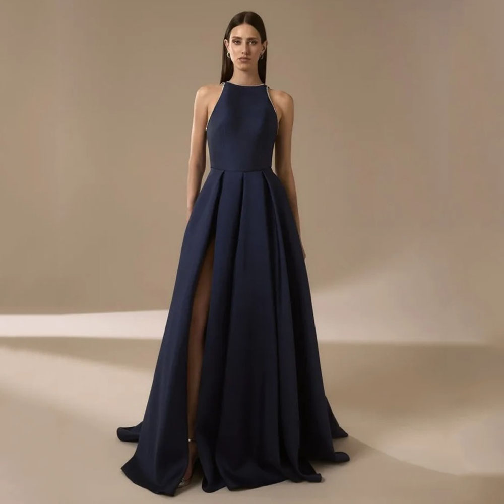 น้ําเงินซาตินชุดราตรีสําหรับผู - Elegant Satin Evening Gown Split บทวิจารณ์และราคา