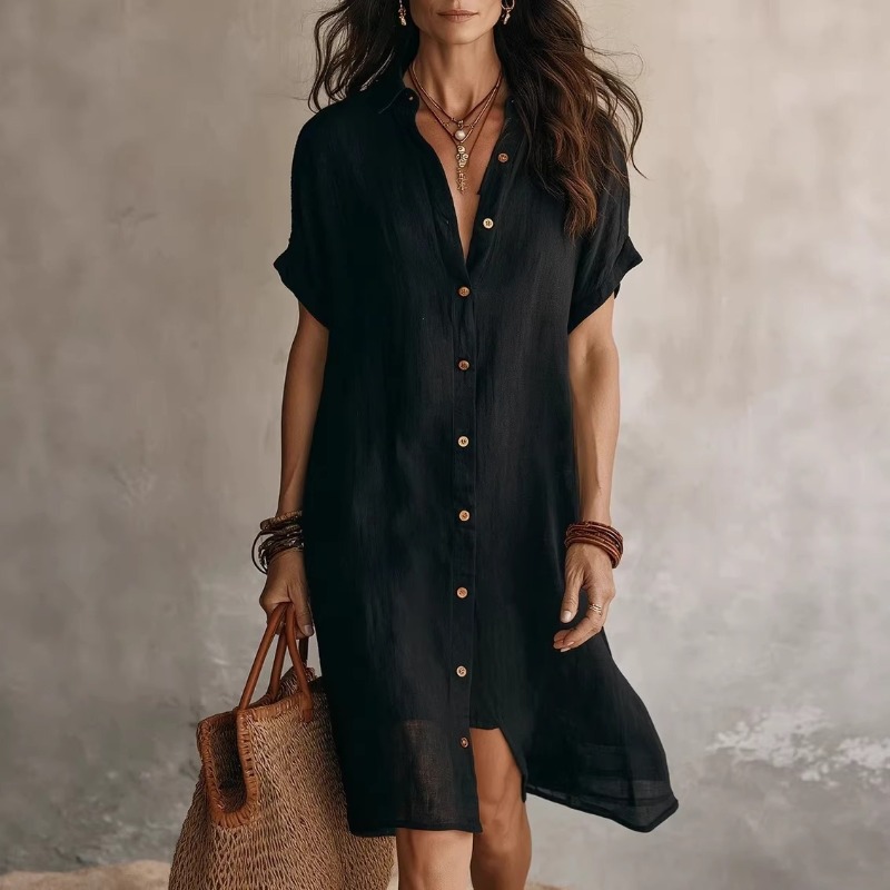 เดรสเชิ้ตแขนสั้นสีพื้นทรงหลวมร - Casual Loose Linen Shirt Dress บทวิจารณ์และราคา