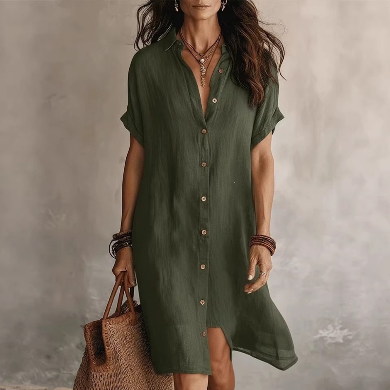 เดรสเชิ้ตแขนสั้นสีพื้นทรงหลวมร - Casual Loose Linen Shirt Dress บทวิจารณ์และราคา