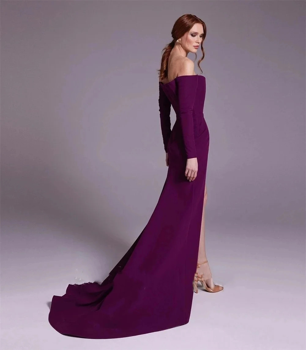 ชุดราตรีเปิดไหล่ผ้าซาตินสีม่วง - Elegant Satin Evening Gown Split บทวิจารณ์และราคา